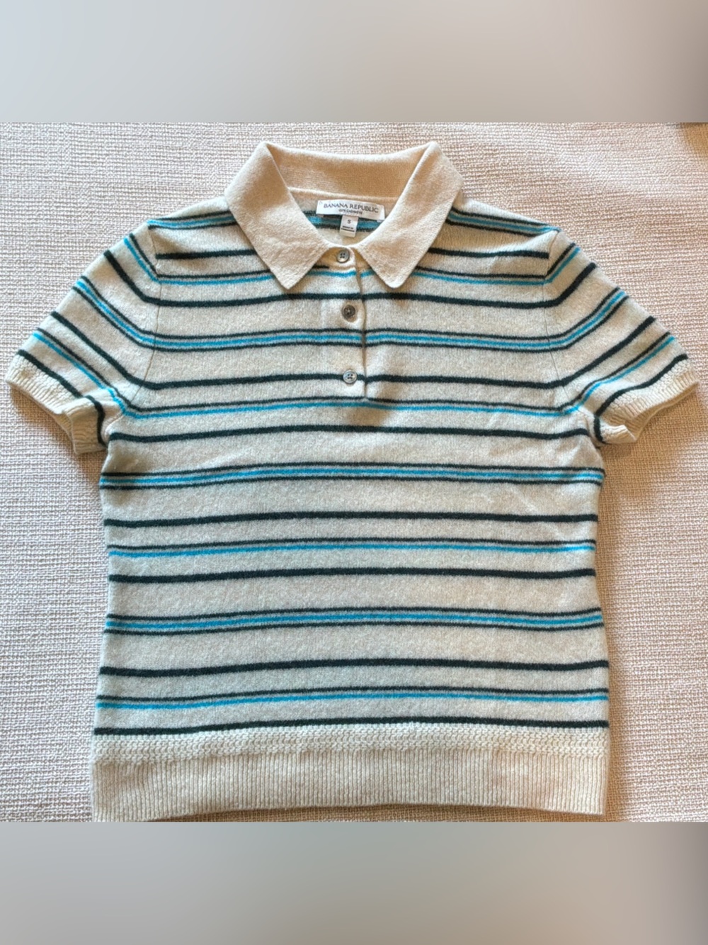 Banana Republic Lightweight Cashmere Cream Polo Sweater with Blue & Navy Stripes